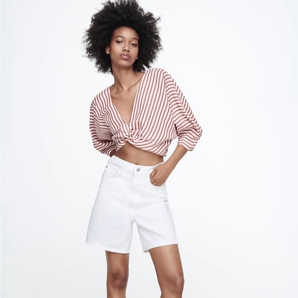 ZARA LINEN BLENDED KNOTTED STRIPED TOP NWT - Picture 2 of 7